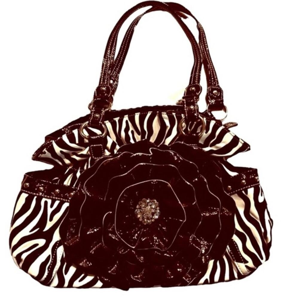 Zebra print big flower floral rhinestone handbag shoulder bag large